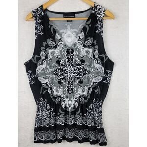 Bohemian XL Top Knit Sleeveless V Neck Black Floral Pullover Whimsigoth Grunge